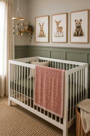 A white crib with a vintage pink floral quilt draped over the side is placed in a softly lit nursery.