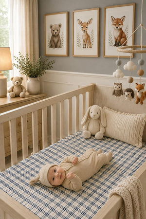 A cozy nursery features a baby lying on a vintage plaid muslin crib sheet with a soft, breathable texture. Adorable animal-themed decor adds warmth and charm to the space.