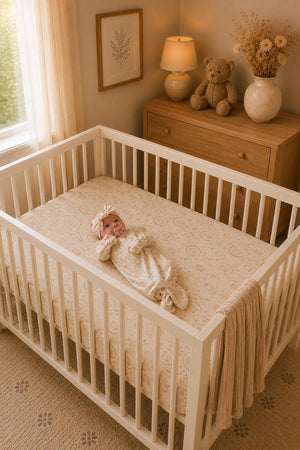 A cozy nursery scene featuring a white crib with a vintage bouquet bamboo stretch crib sheet.