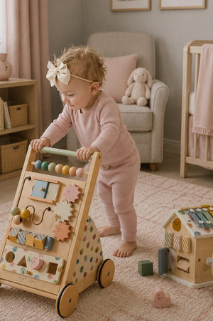A toddler in a dusty pink waffle knit outfit plays with a wooden activity walker, featuring colorful shapes and beads, in a cozy nursery setting with soft pink decor and.