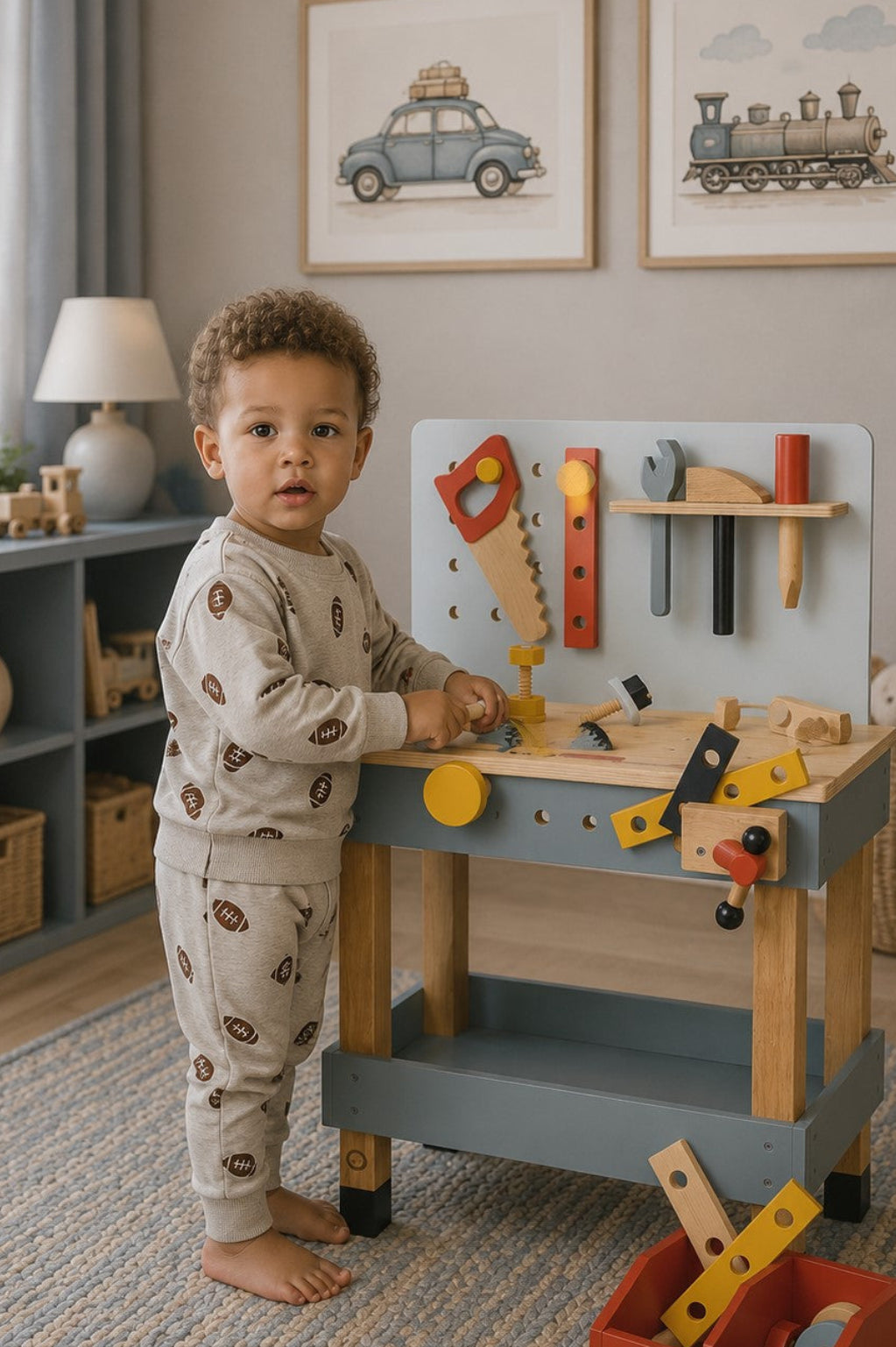 A young child stands at a wooden play workbench, engaging with colorful toy tools. The child wears a soft, gray outfit featuring a playful football print, set in a cozy.
