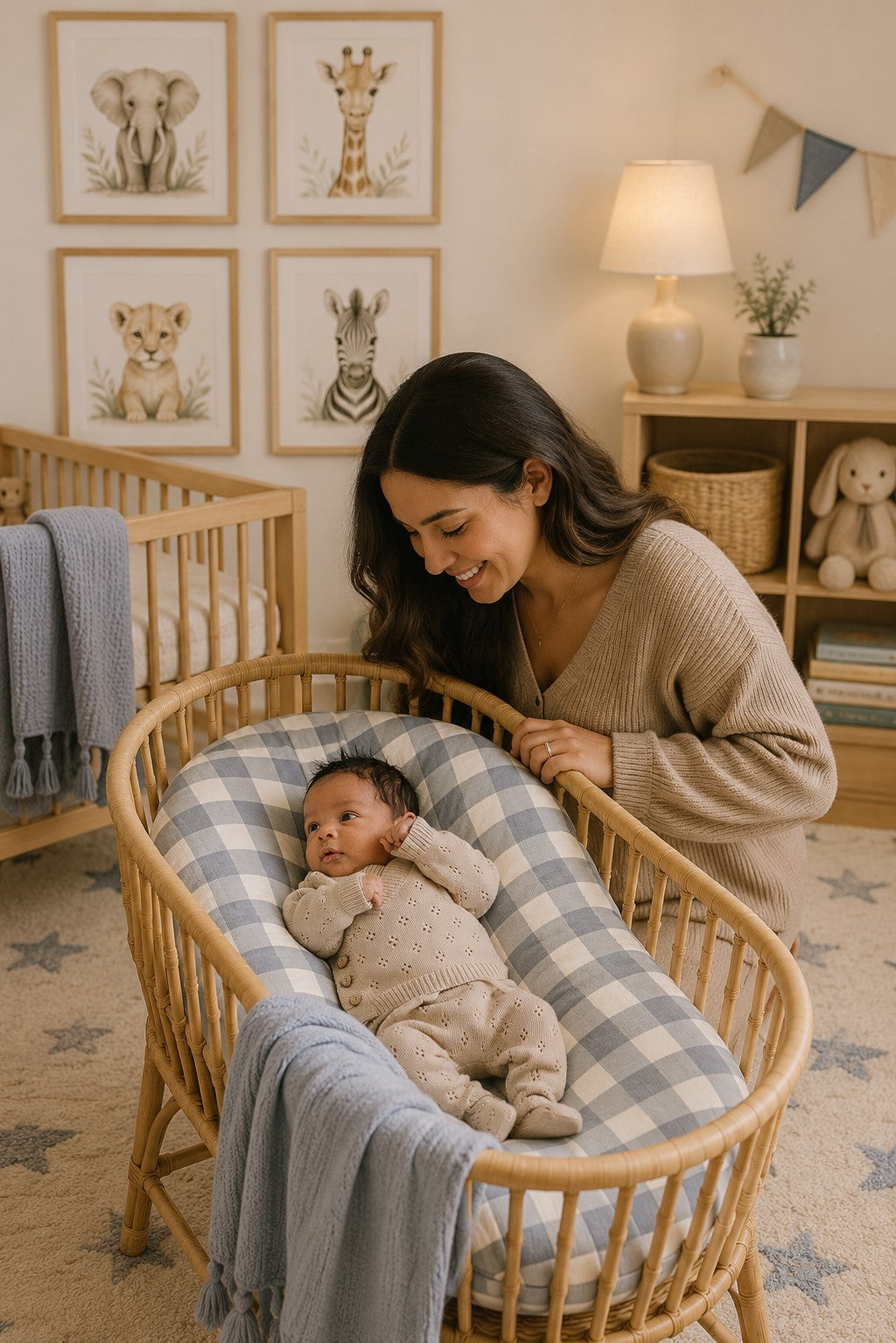 A mother lovingly gazes at her baby in a cozy, rattan bassinet, surrounded by soft, neutral tones and animal-themed artwork in a warm nursery setting.