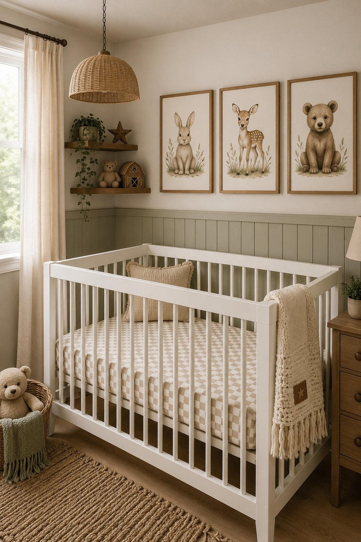 A serene nursery features a white crib with a taupe checkered sheet, surrounded by soft decor, including animal-themed artwork, woven baskets, and a cozy blanket, creating a warm, inviting atmosphere.