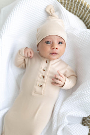Knotted Baby Gown & Hat Set | Sand/Honey | Modal