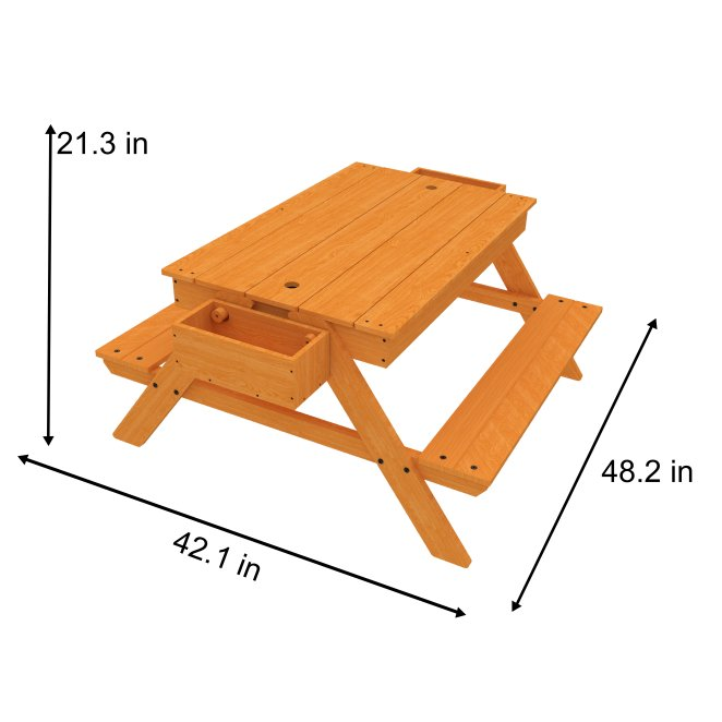 A wooden picnic and sand table designed for toddlers, featuring a spacious tabletop and a hidden sand play area, measuring 42.1 inches long, 21.3 inches high, and 48.2 inches wide.
