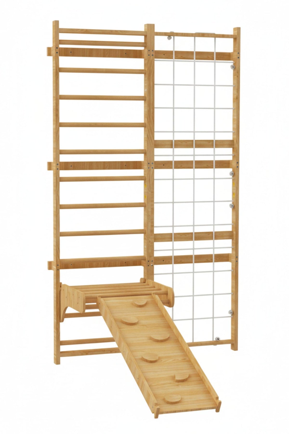 A wooden Swedish wall ladder features multiple horizontal rungs and a sloped climbing ramp, designed for indoor play and exercise.