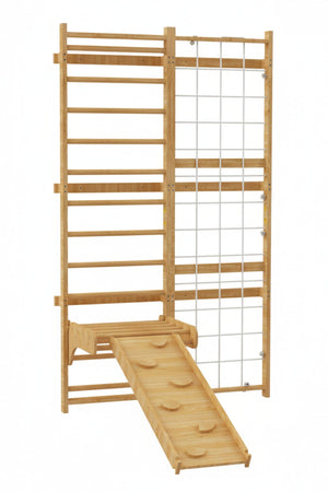 A wooden Swedish wall ladder features multiple horizontal rungs and a sloped climbing ramp, designed for indoor play and exercise.