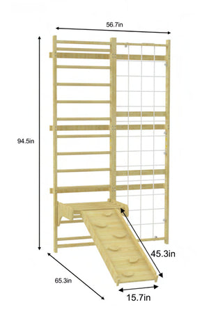 A wooden Swedish wall ladder with a slide, measuring 94.5 inches tall and 56.7 inches wide, designed for indoor play.