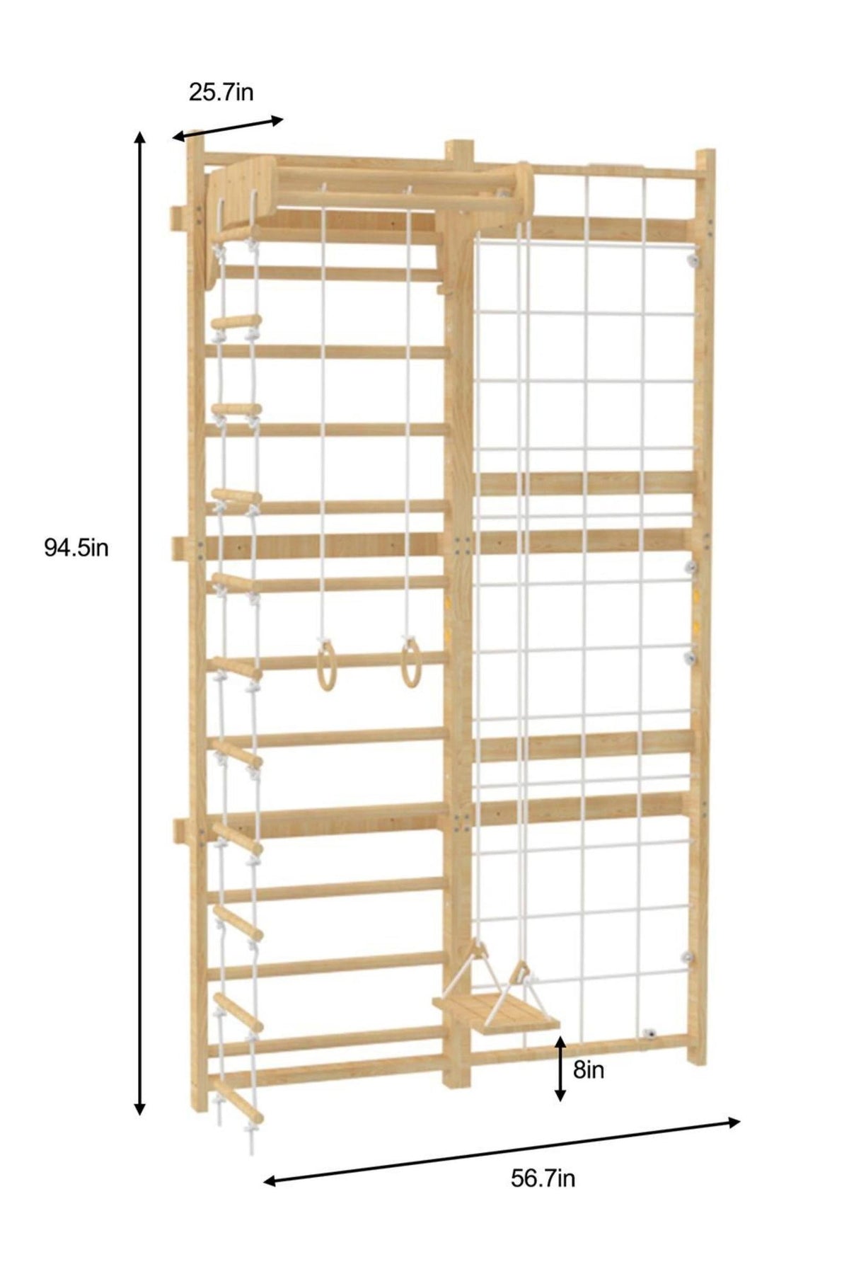 A wooden Swedish wall ladder features multiple rungs, a swing, and climbing elements, measuring 94.5 inches tall and 56.