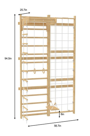 A wooden Swedish wall ladder features multiple rungs, a swing, and climbing elements, measuring 94.5 inches tall and 56.