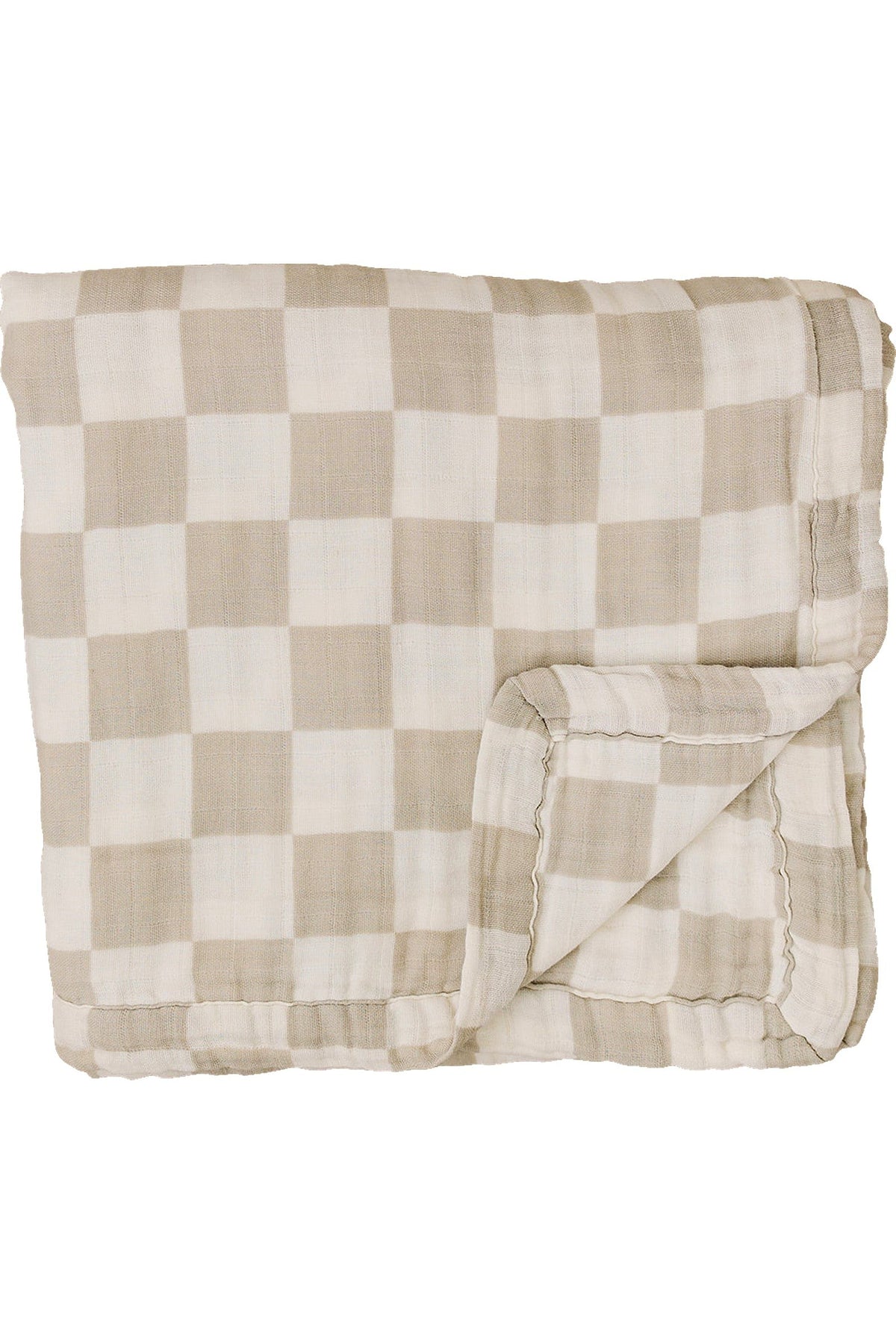 A taupe checkered muslin quilt, folded with visible stitching, crafted from soft, breathable cotton fabric.