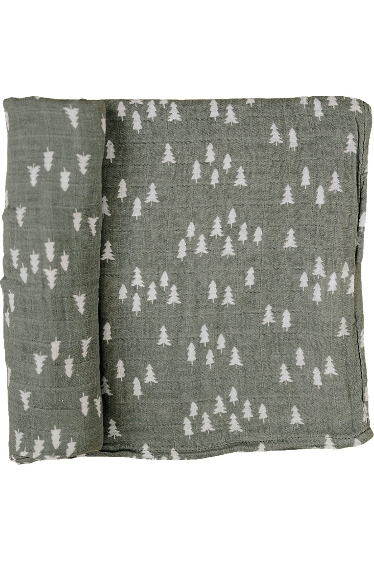 Green muslin blanket with white tree patterns, made from 100% cotton. Perfect for baby swaddling.