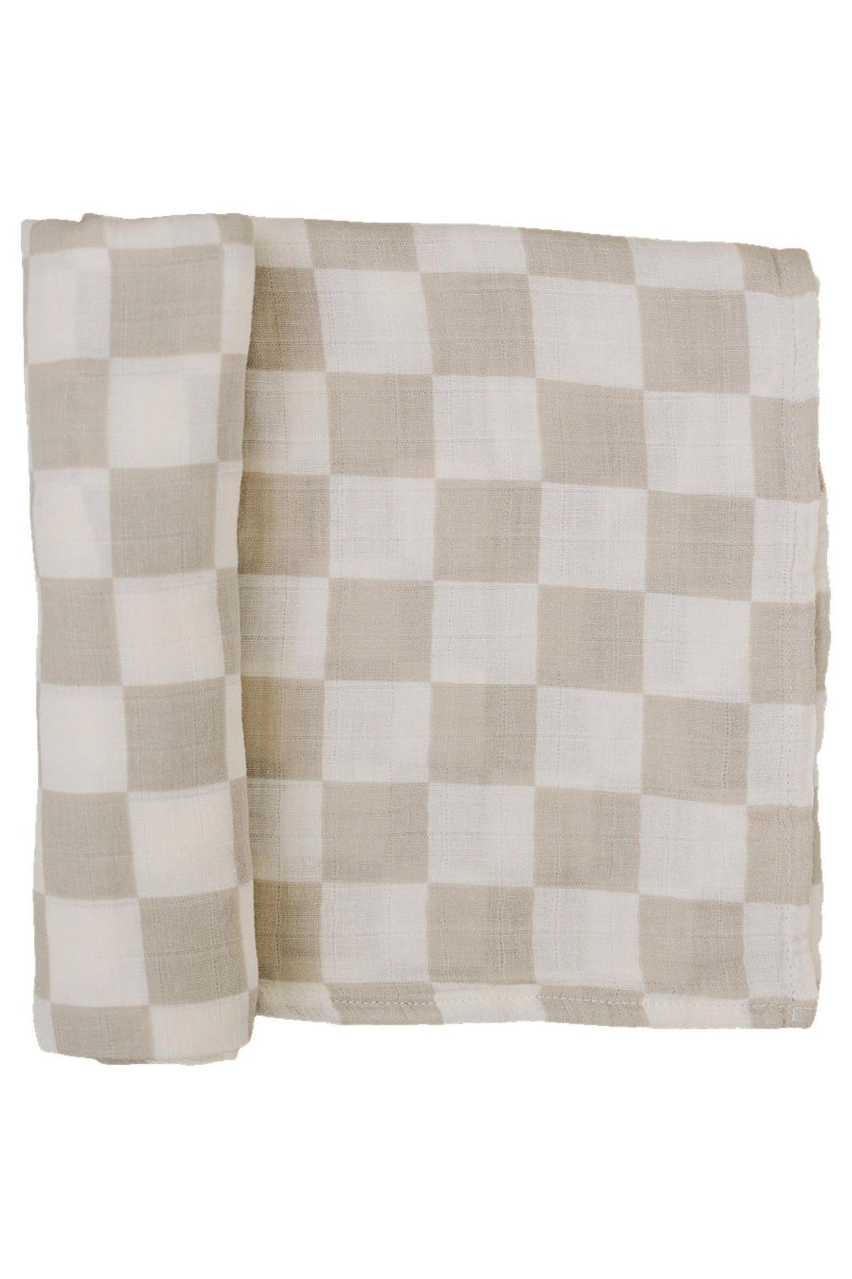 Taupe checkered muslin swaddle blanket, folded, showcasing soft cotton texture and neutral pattern.