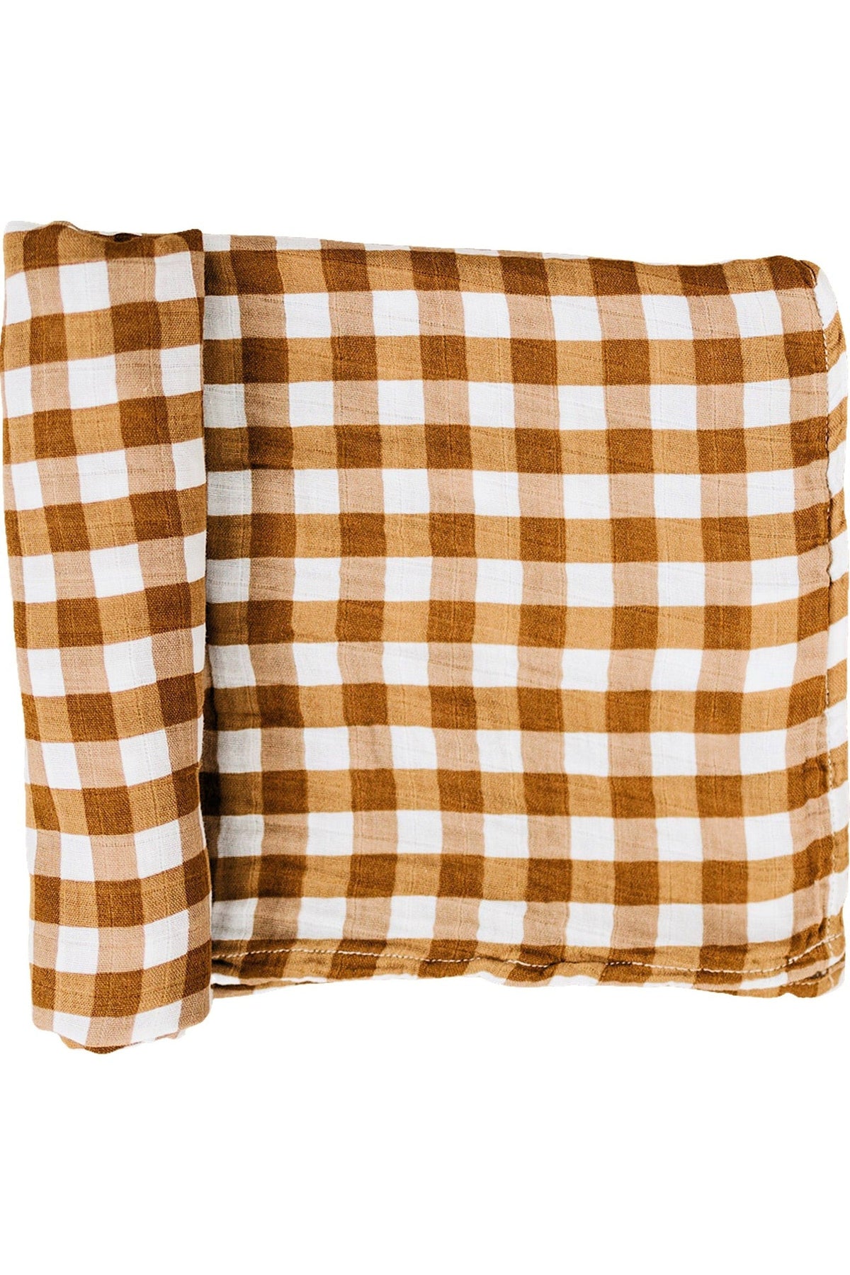 Brown and white gingham muslin swaddle blanket, folded neatly, made from 100% cotton. Gender-neutral and soft.