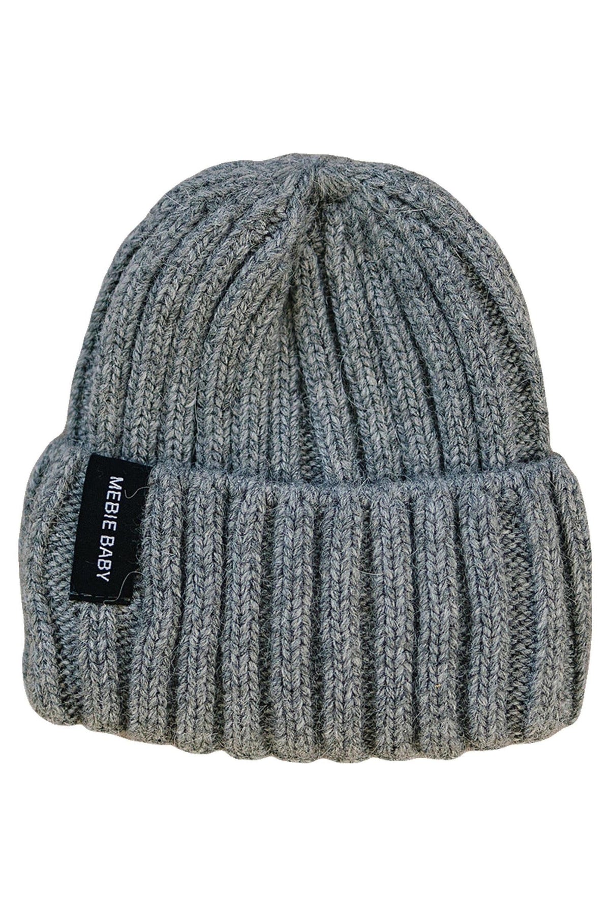 A soft, grey chunky knit beanie with a folded brim and a Mebie Baby tag, made from 100% angora wool.