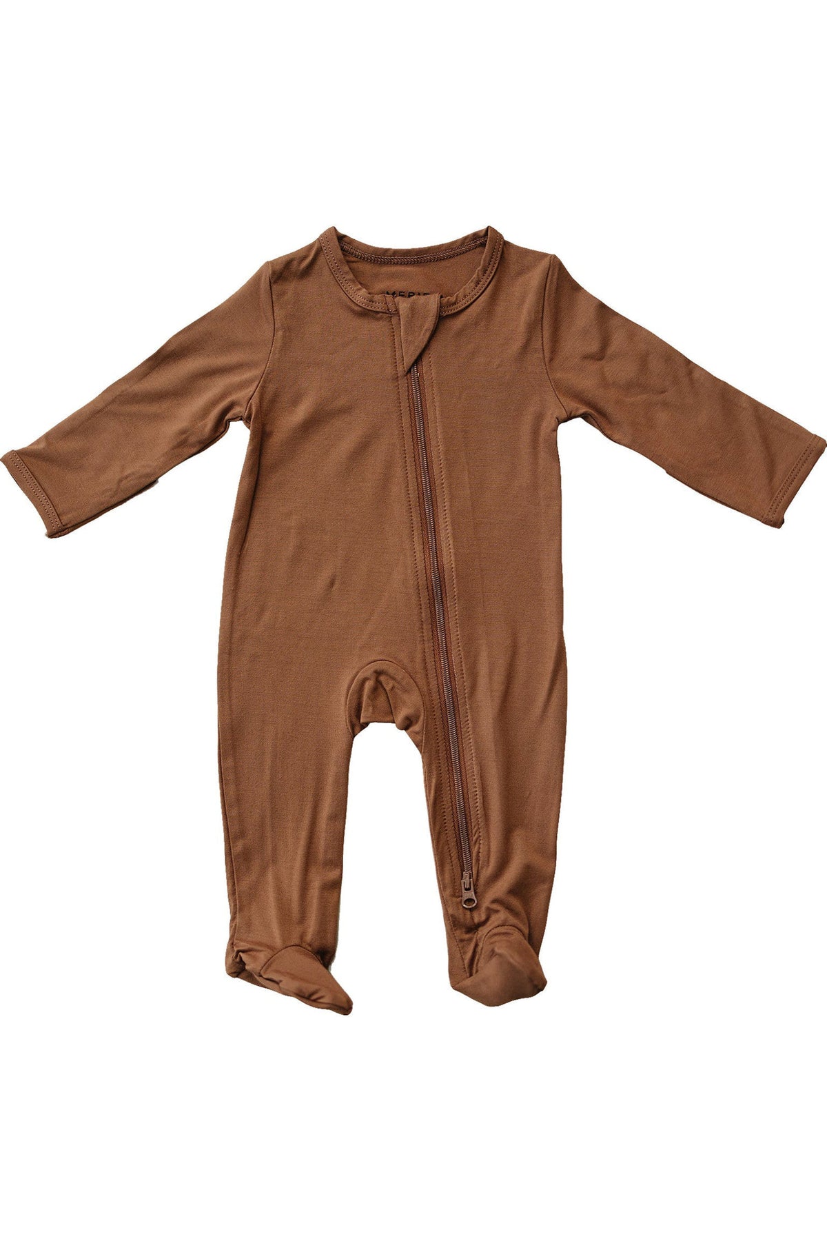 Rust-colored footed baby pajama with a front zipper, made from soft bamboo fabric. Suitable for infants.