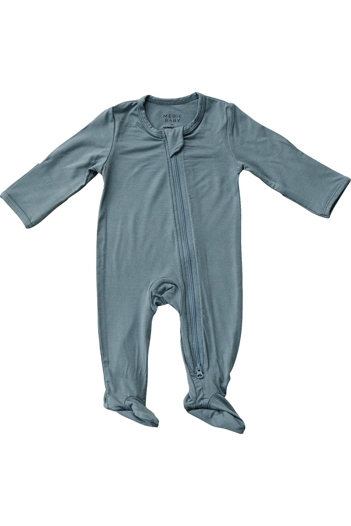 Dusty blue baby pajama with footed design and front zipper, made from soft bamboo fabric by Mebie Baby.