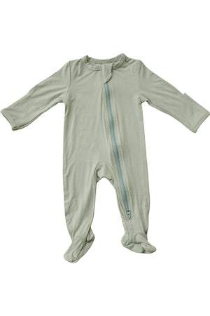 Light sage green baby footed pajama with a front zipper, made from soft bamboo fabric.