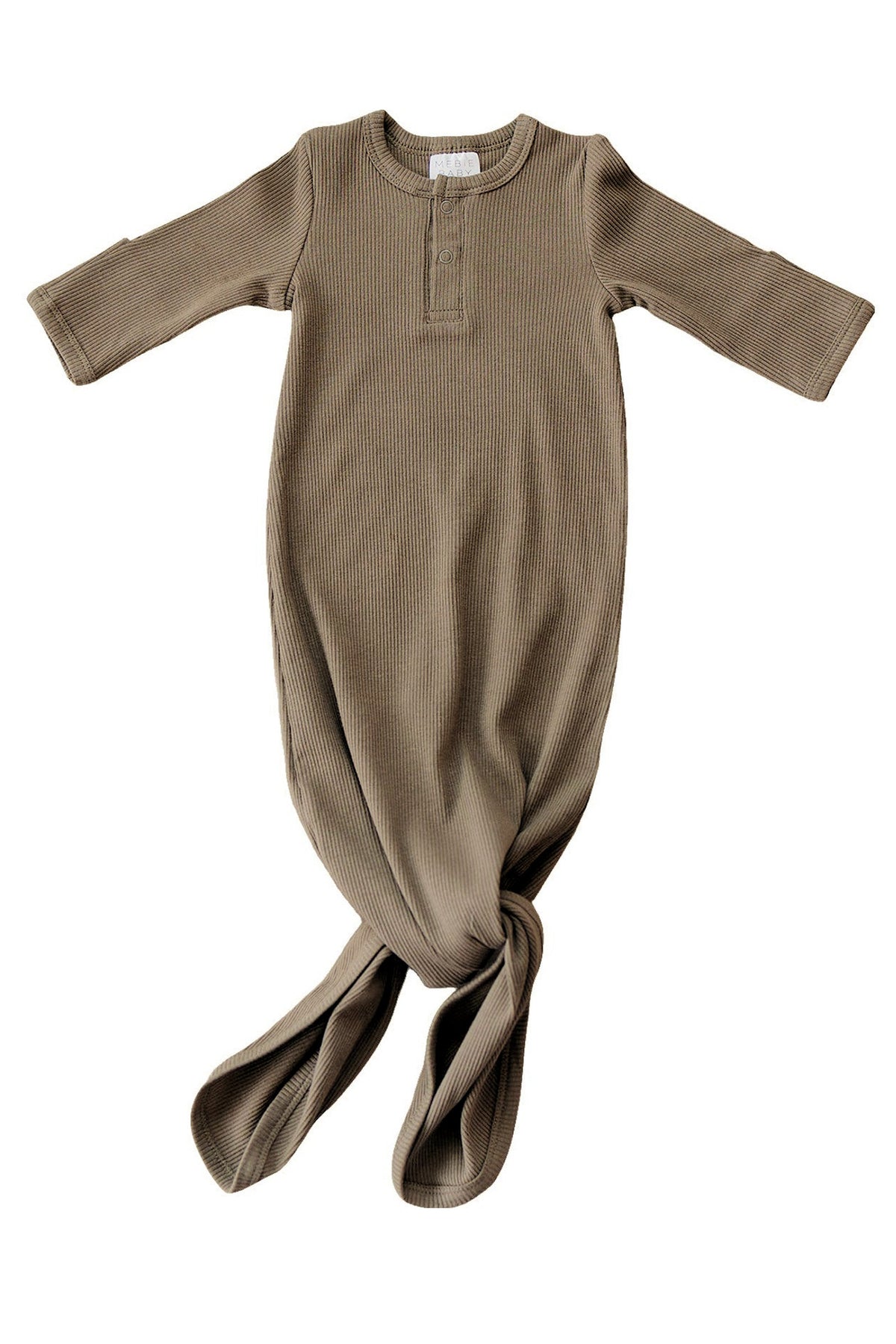 Mebie Baby cocoa ribbed knot gown made from organic cotton, featuring long sleeves and a convenient knotted bottom.