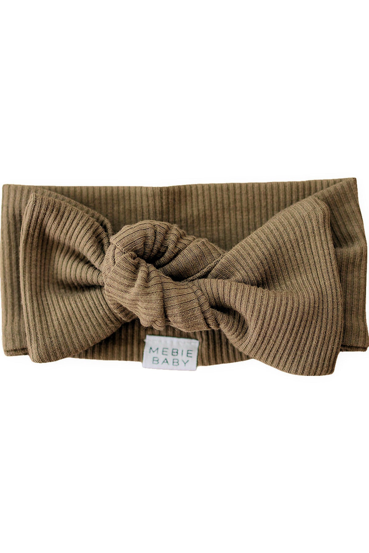 Brown ribbed head wrap with a knotted design, made from organic cotton, featuring a Mebie Baby label.
