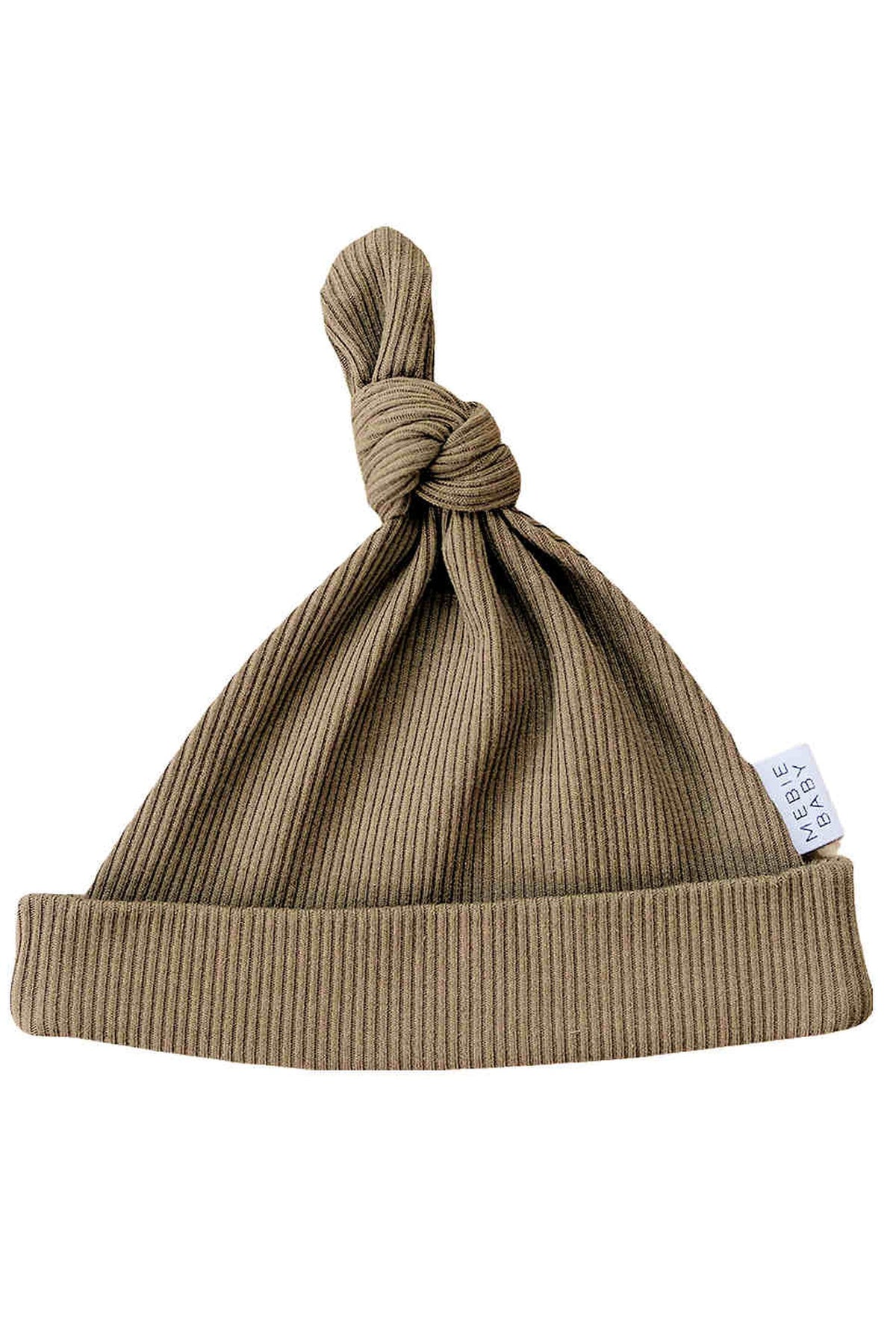Mebie Baby cocoa-colored ribbed newborn knot hat, made from organic cotton, featuring a simple design with a top knot.