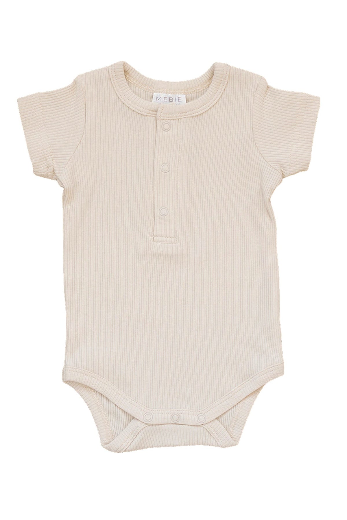 Vanilla ribbed short sleeve baby bodysuit with snaps, made from organic cotton, displayed on a plain background.