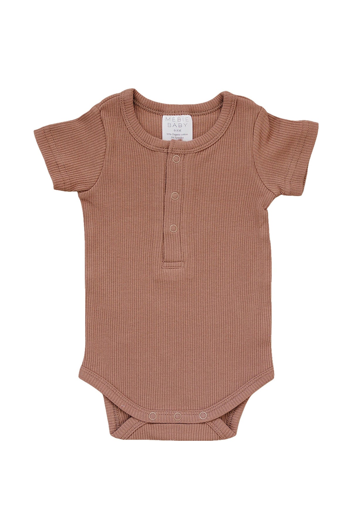 Dusty rose ribbed short sleeve bodysuit with snaps, made from organic cotton. Suitable for babies, eco-friendly.