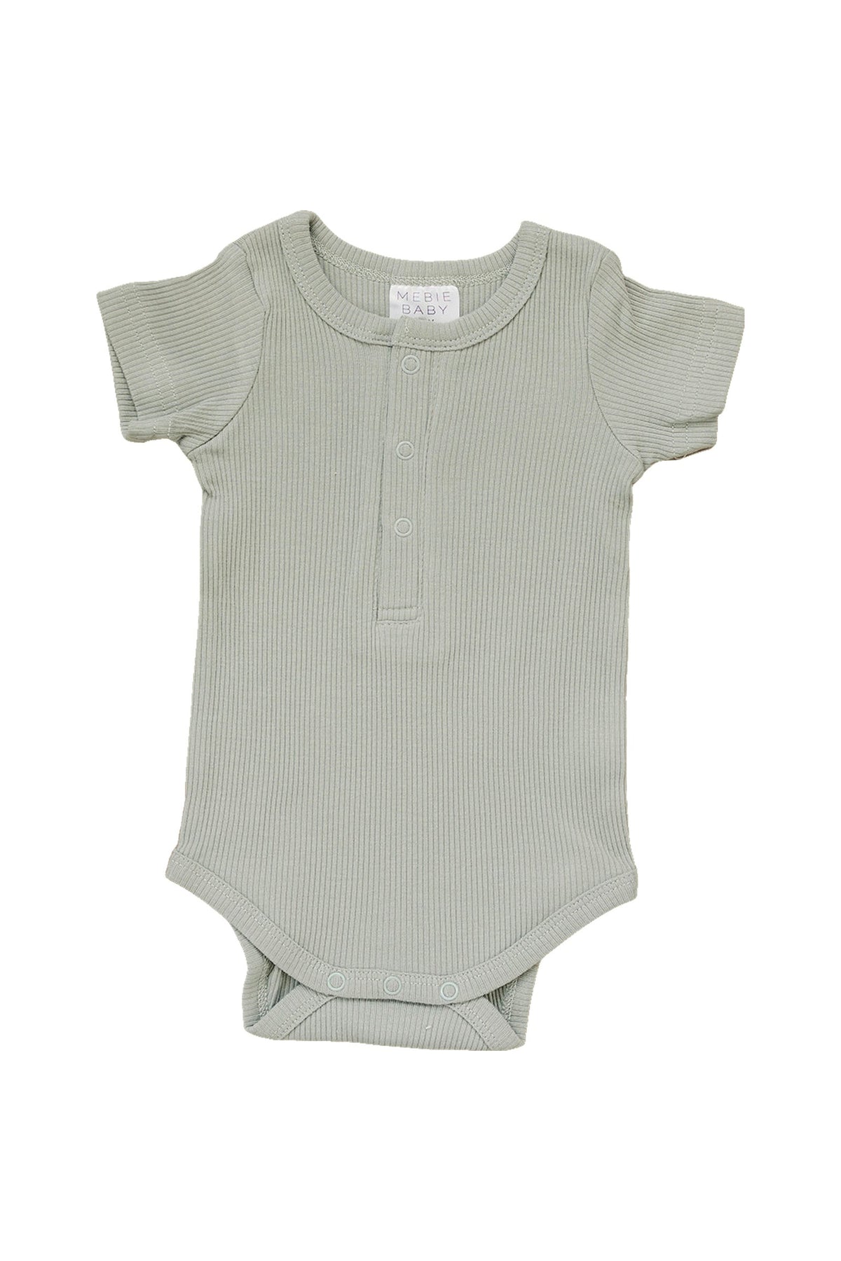 Sage ribbed short sleeve baby bodysuit with snaps, made from organic cotton by Mebie Baby.