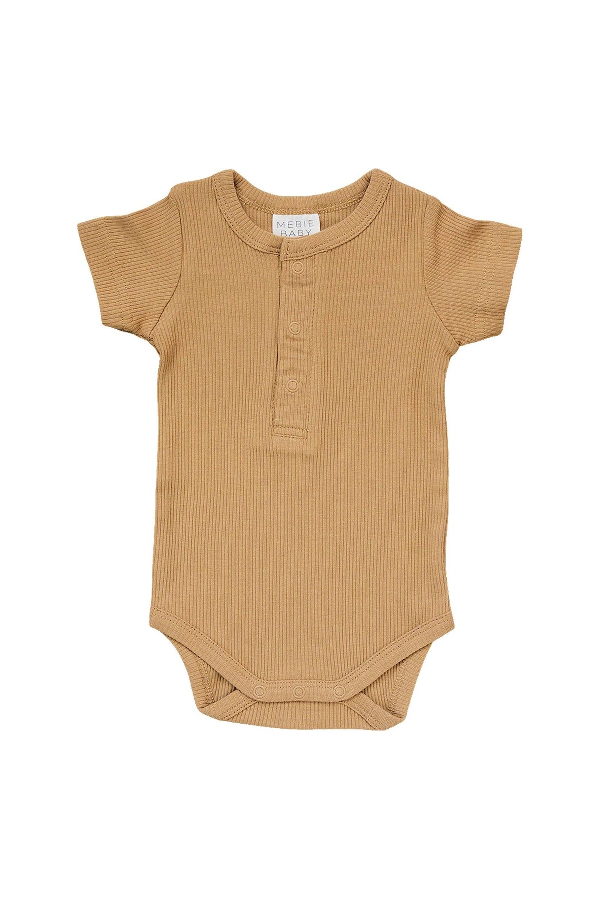 Tan ribbed baby bodysuit with short sleeves and front snaps, made from organic cotton by Mebie Baby.