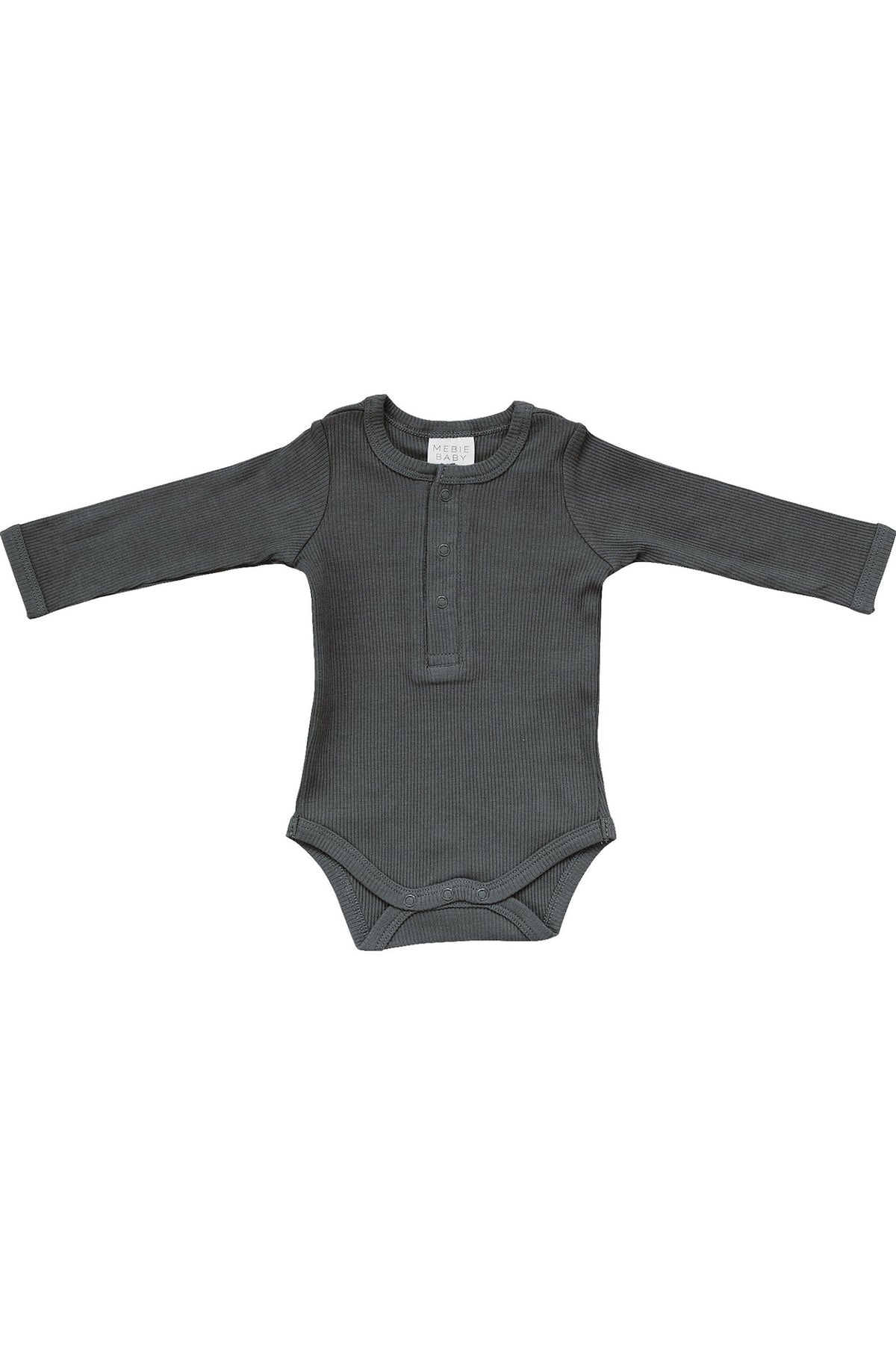 Charcoal long sleeve ribbed baby bodysuit with snaps, made from organic cotton. Perfect for sustainable baby clothing.