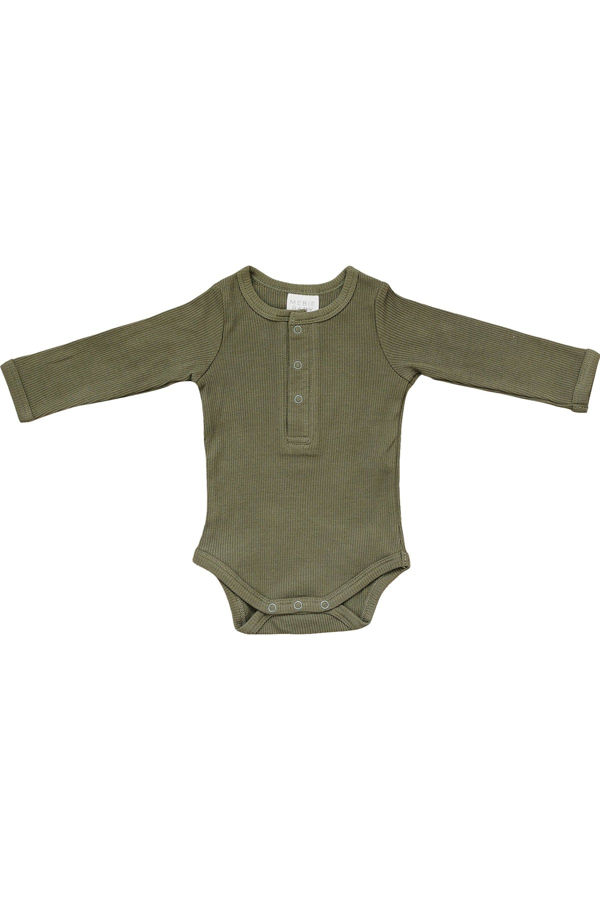 Green long sleeve ribbed bodysuit made from organic cotton with front snaps, designed for babies.