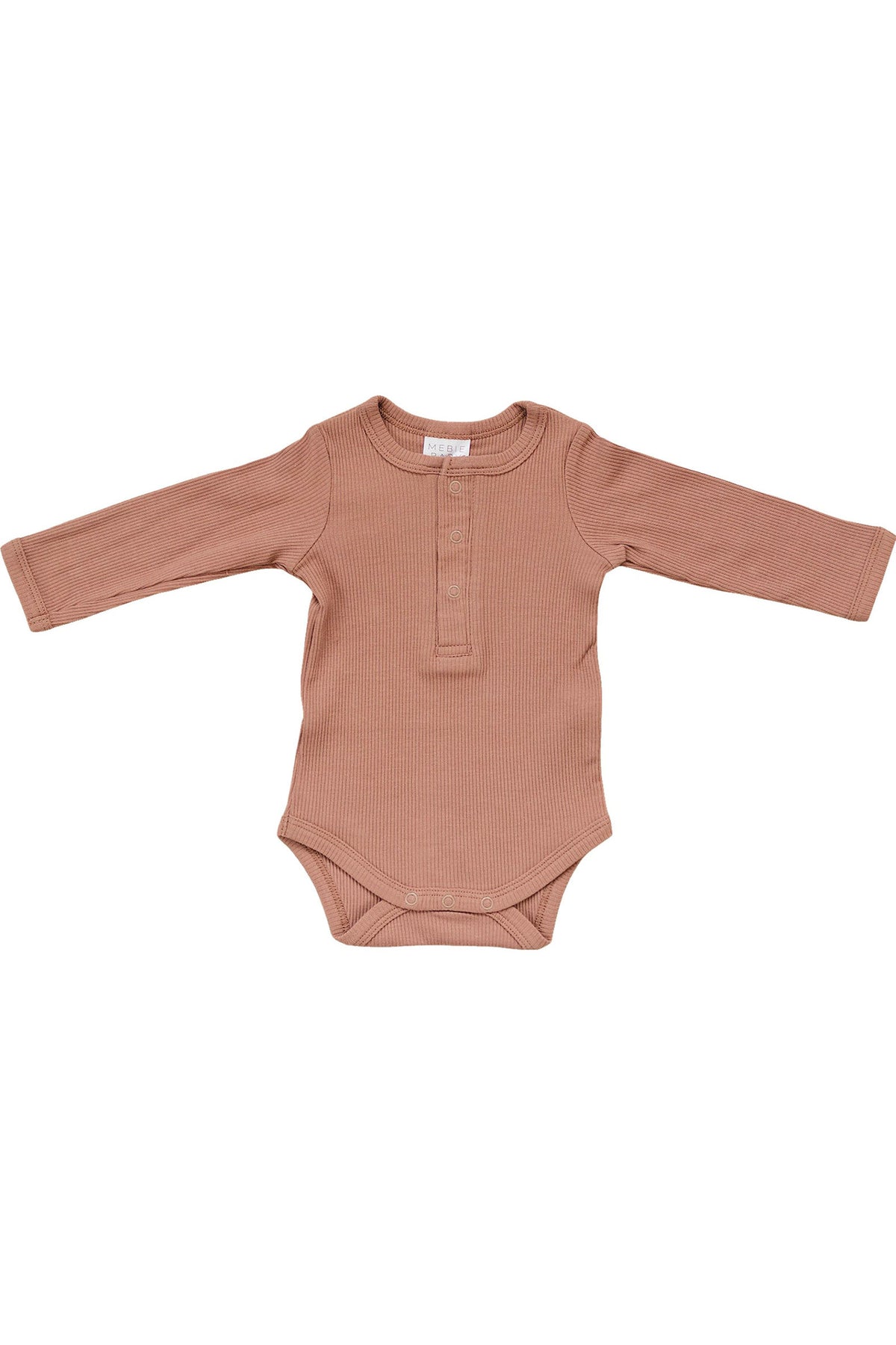 Dusty rose long sleeve ribbed bodysuit with front snaps, made from organic cotton, laid flat on a white background.