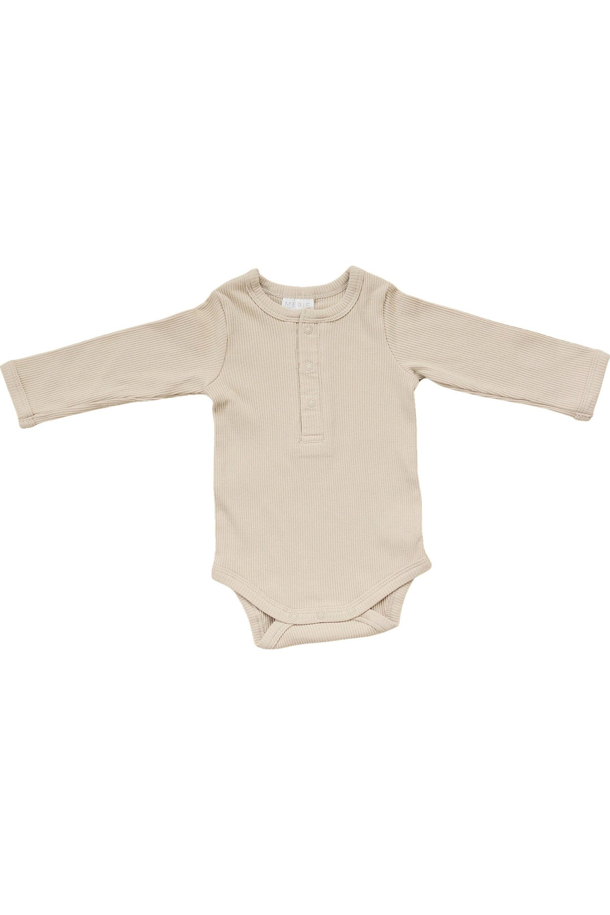 Beige long sleeve ribbed baby bodysuit with front snaps, made from organic cotton. Gender-neutral design.