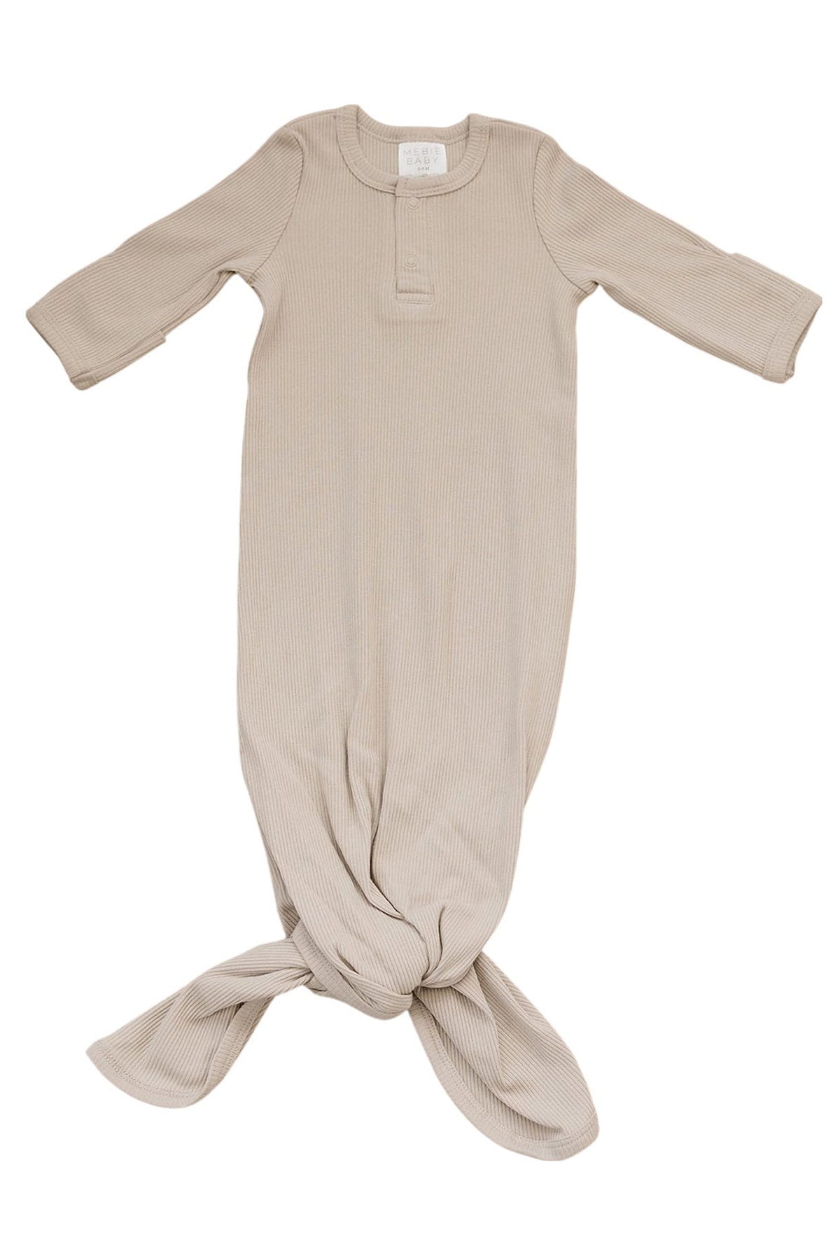 Beige ribbed baby gown with long sleeves and a knotted bottom, made from organic cotton.