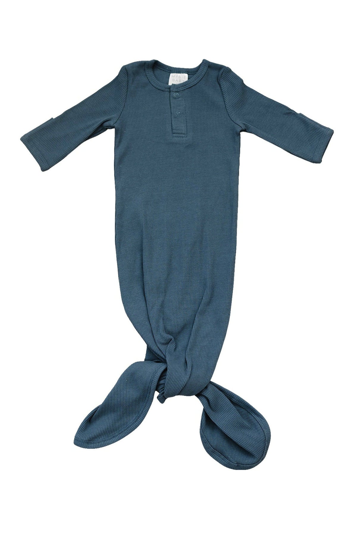 Navy ribbed baby gown with knotted bottom, long sleeves, and buttoned neckline, made from organic cotton.