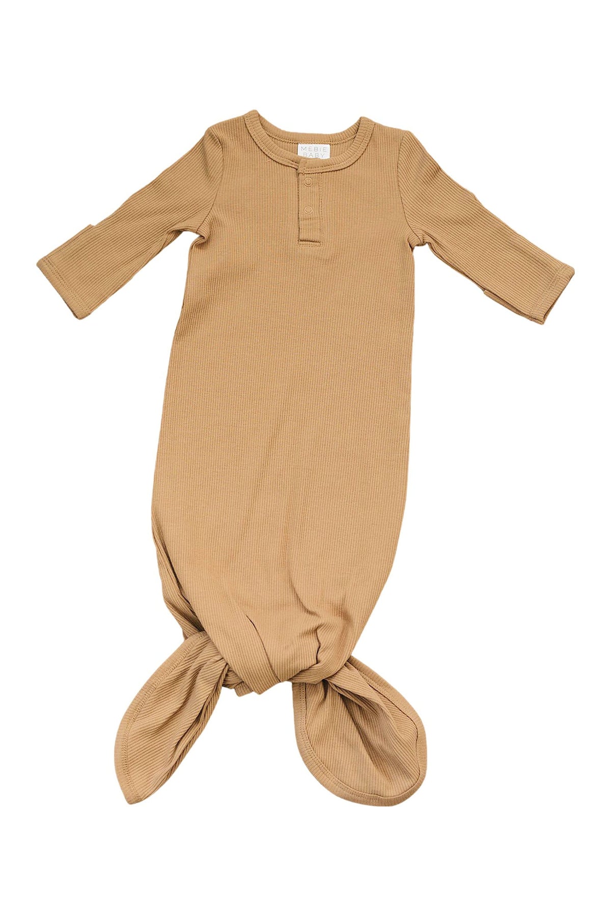A tan ribbed knot gown for babies, made from organic cotton, featuring long sleeves and a simple design.