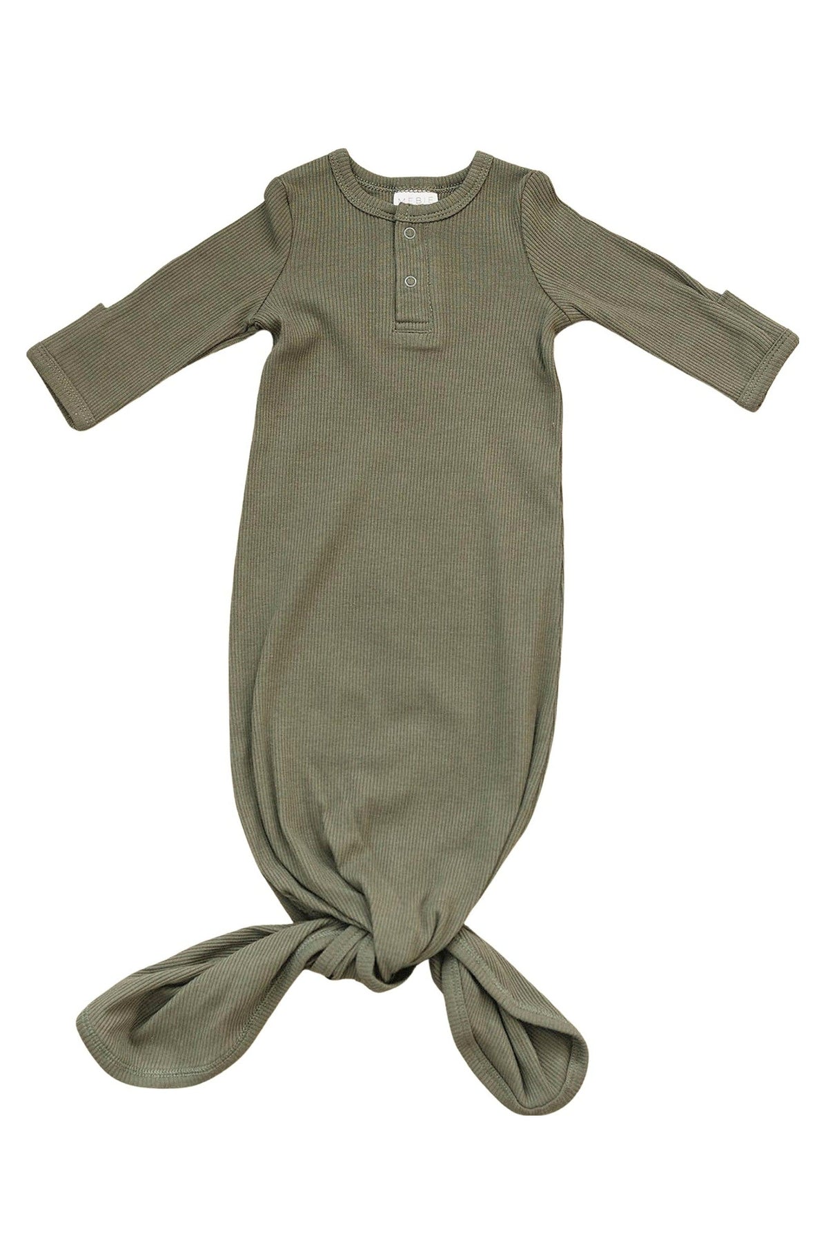 Green ribbed baby gown with long sleeves and a knotted bottom, made from organic cotton. Suitable for newborns.