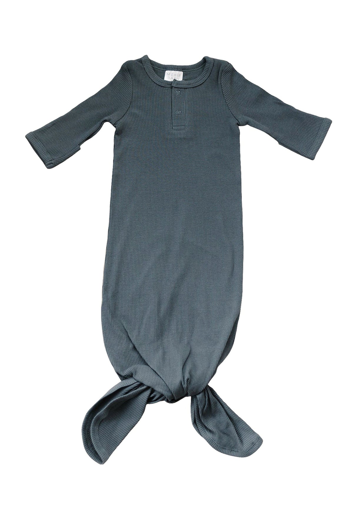 Charcoal ribbed baby knot gown made of organic cotton, featuring long sleeves and a simple button detail.
