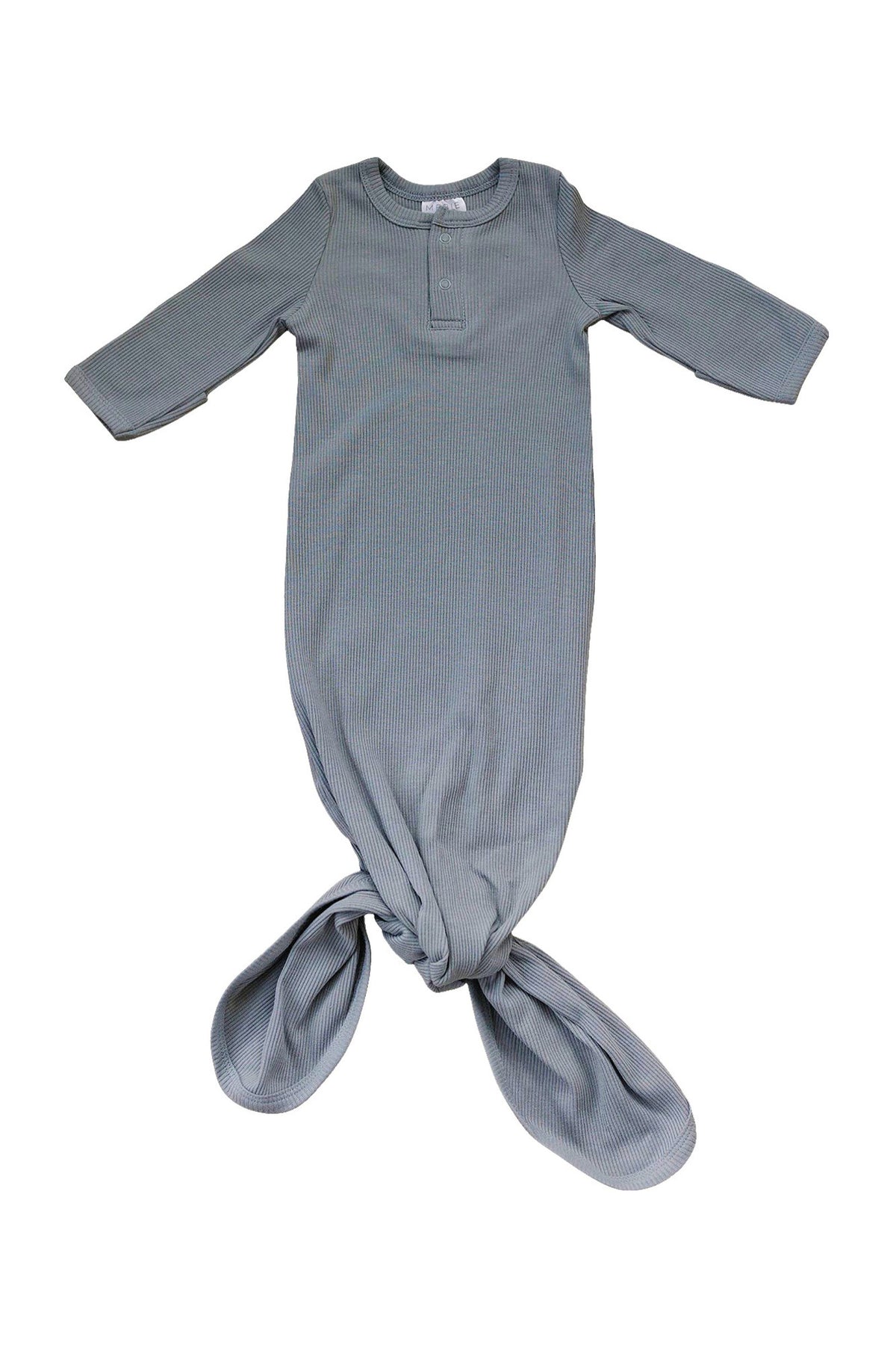 Grey ribbed baby gown with long sleeves and a knotted bottom, made from soft organic cotton.
