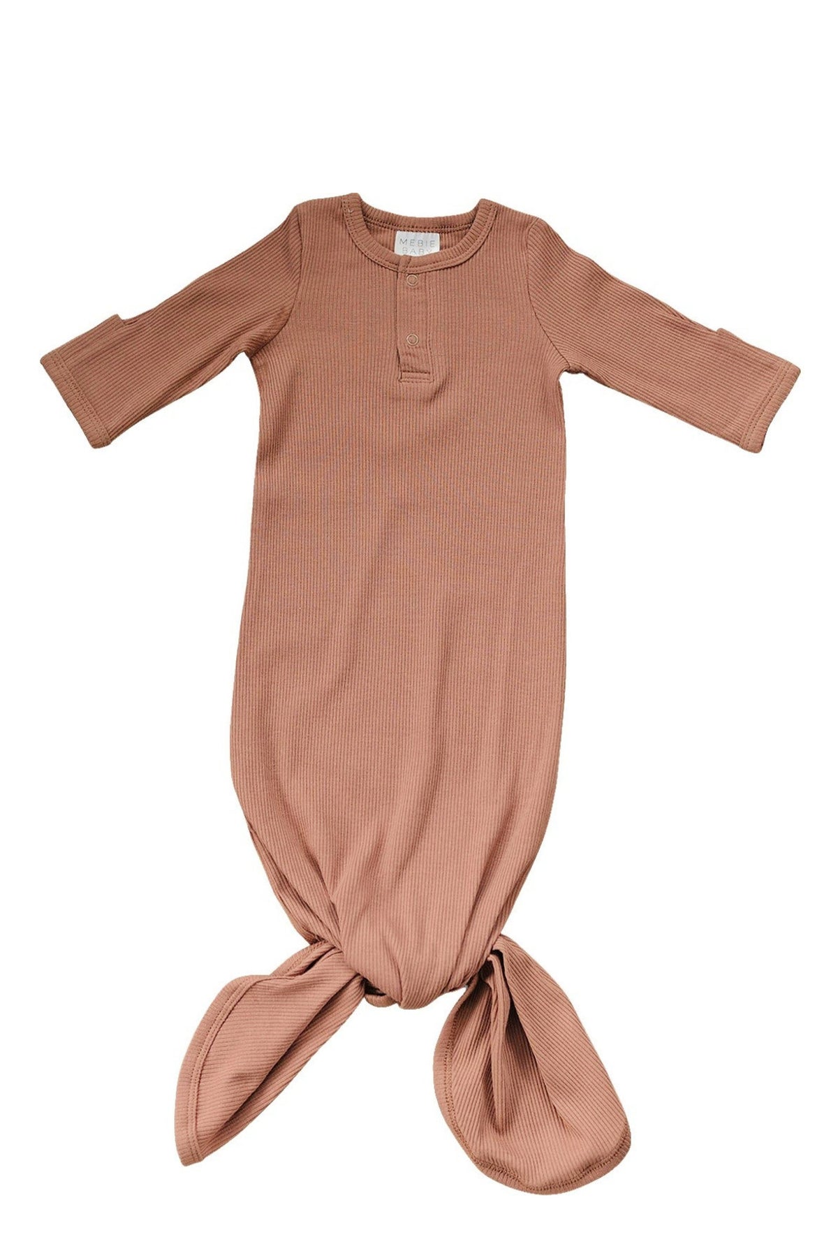 Dusty rose ribbed knot gown for babies, made from soft organic cotton with long sleeves and a button detail.