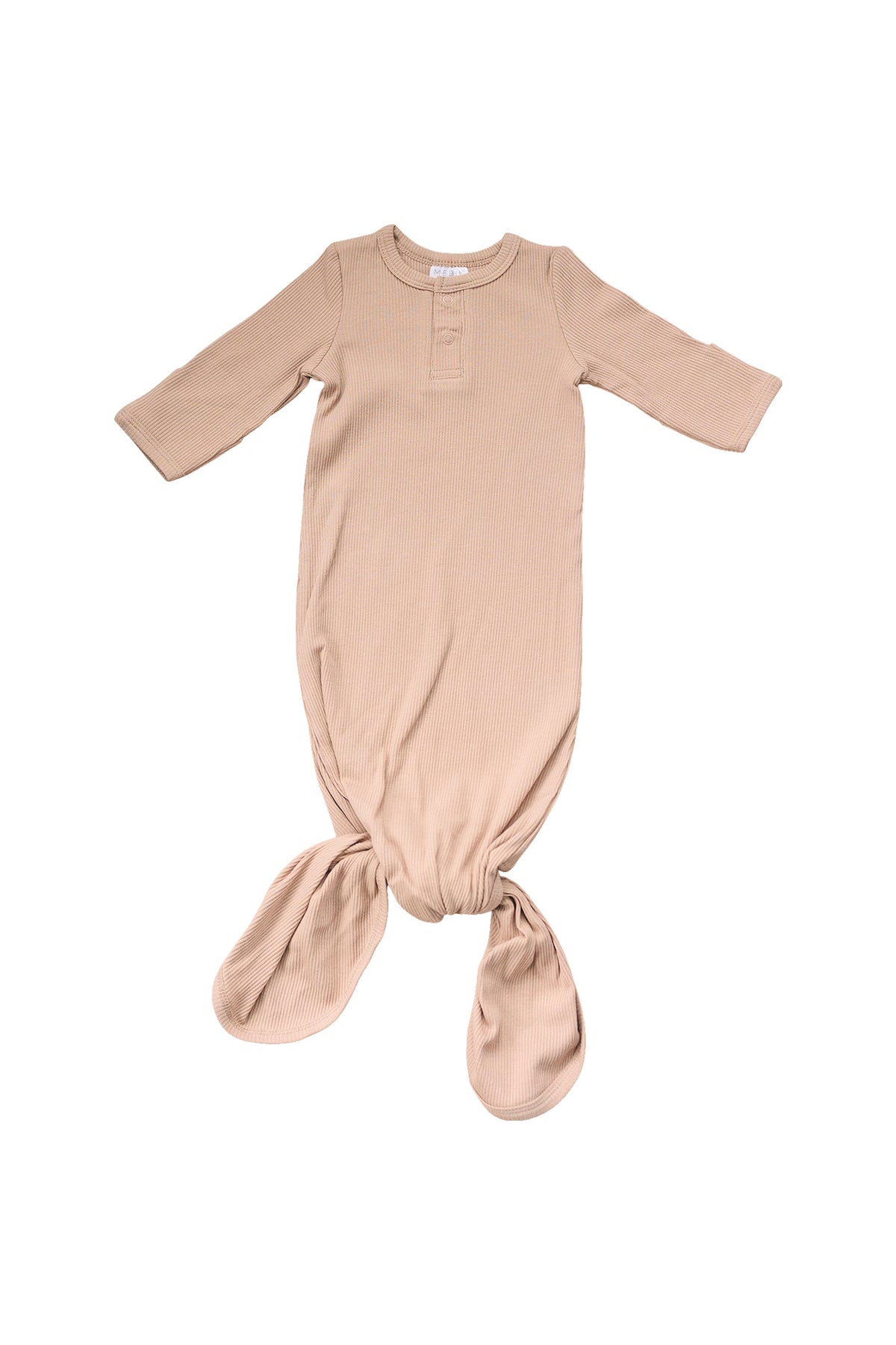 Pale pink ribbed baby knot gown made from organic cotton, featuring long sleeves and a knotted bottom.