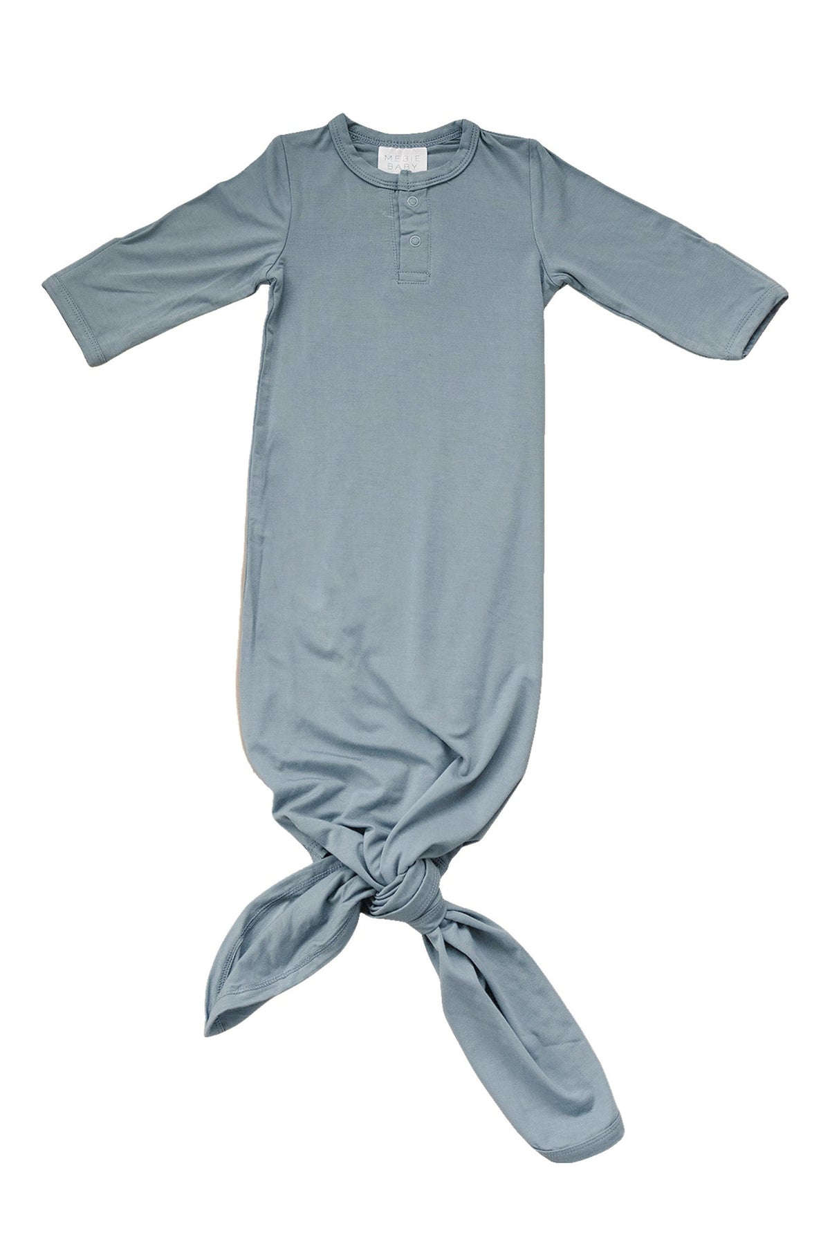 Dusty blue baby gown with knot tie, long sleeves, and snap closures, made from soft bamboo fabric.