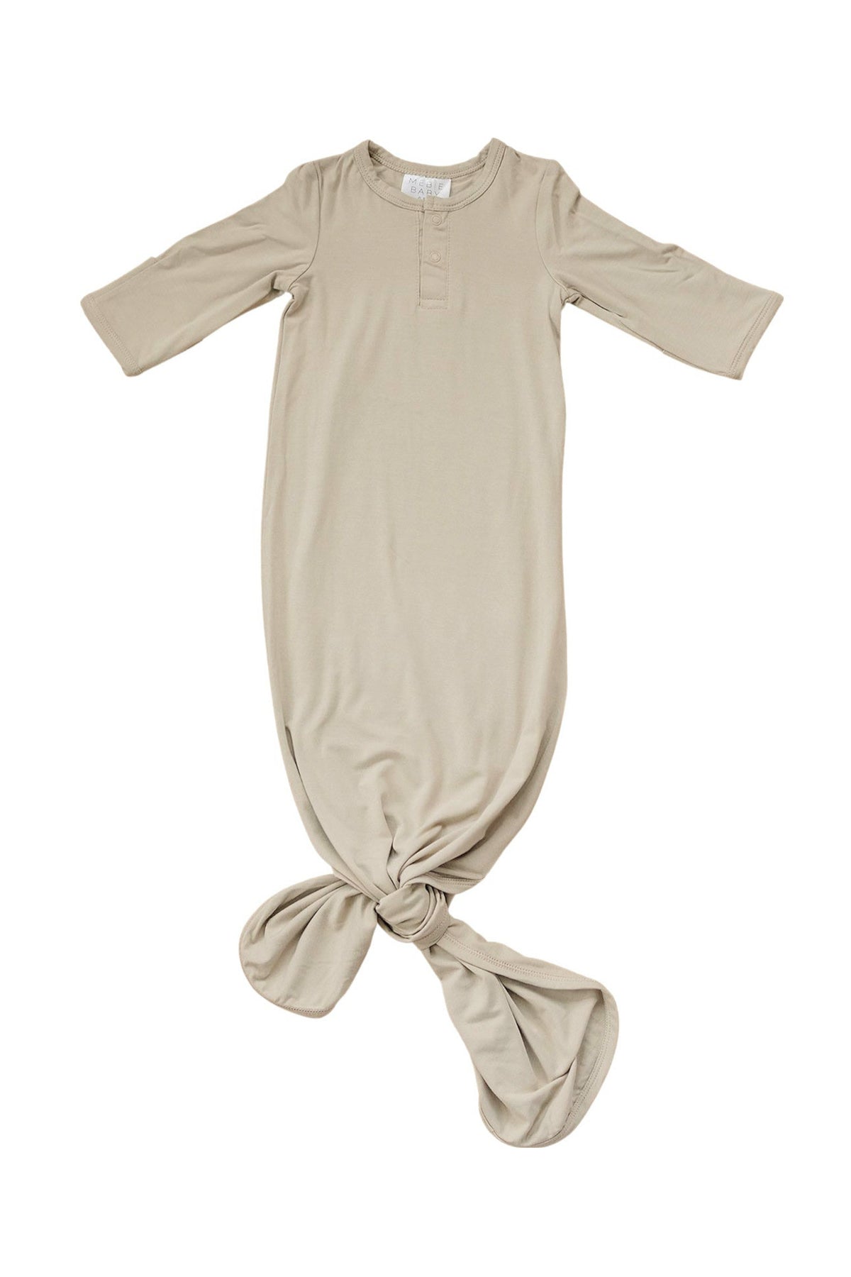 Beige baby gown with knotted bottom and three-quarter sleeves, made of soft bamboo fabric. Perfect for ages 0-3 months.