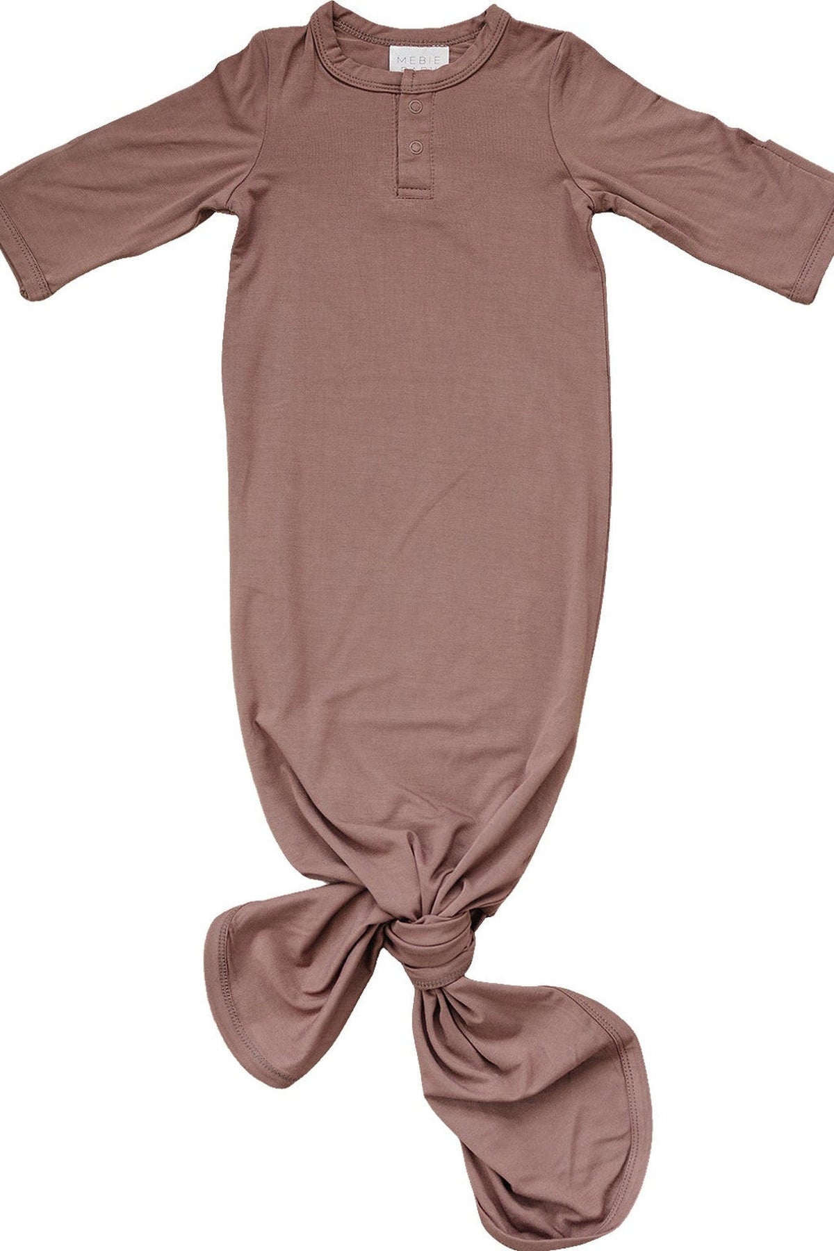 Brown baby gown with long sleeves and a knotted bottom, made from soft bamboo fabric.