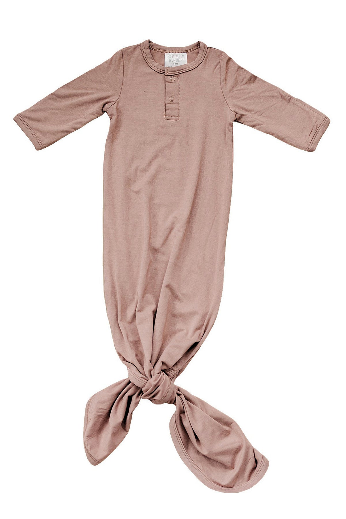 Dusty rose baby gown with knot detail, made from soft bamboo fabric, featuring long sleeves and button closure.
