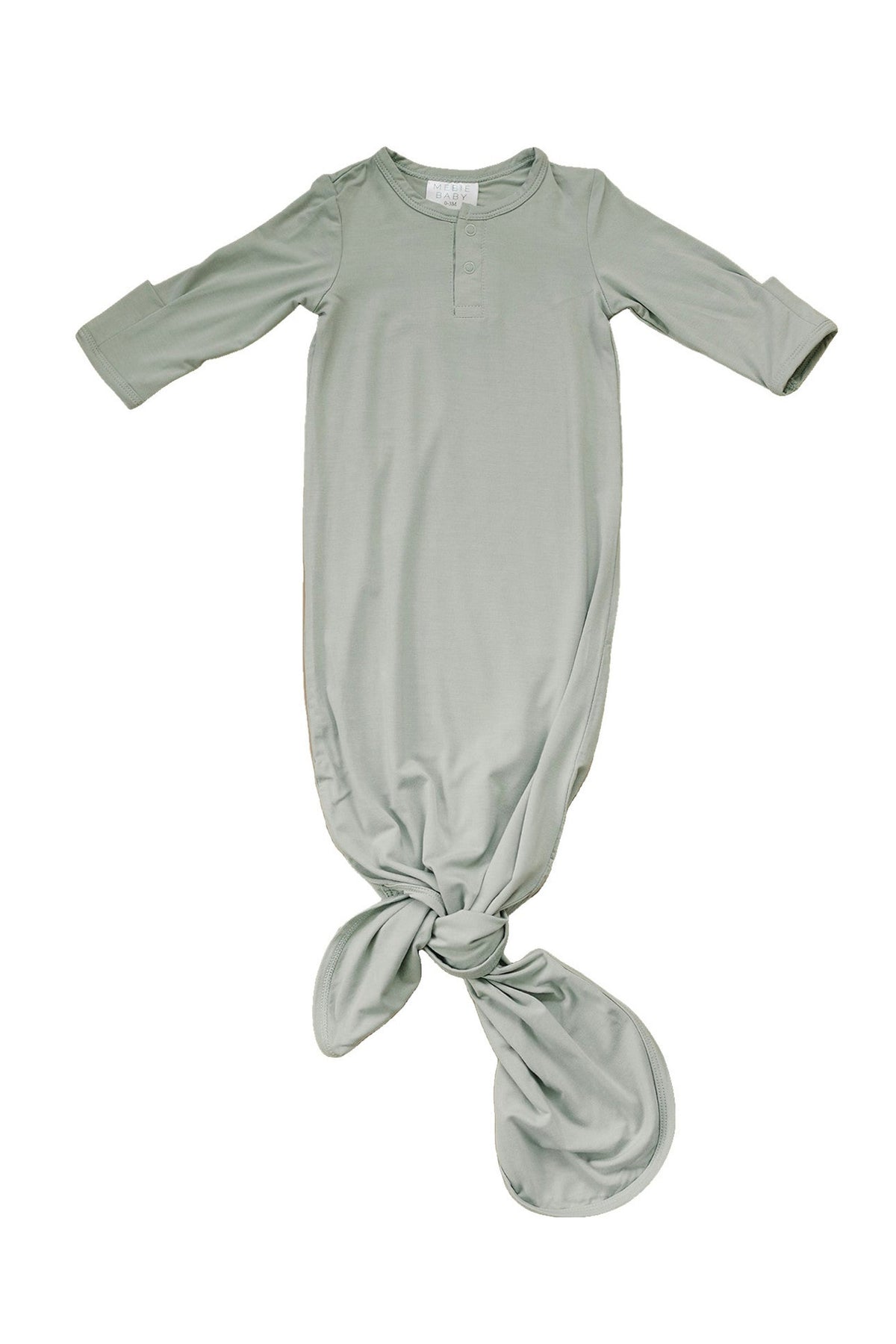 Sage green baby knot gown made of soft bamboo fabric, featuring long sleeves and two snaps at the chest.