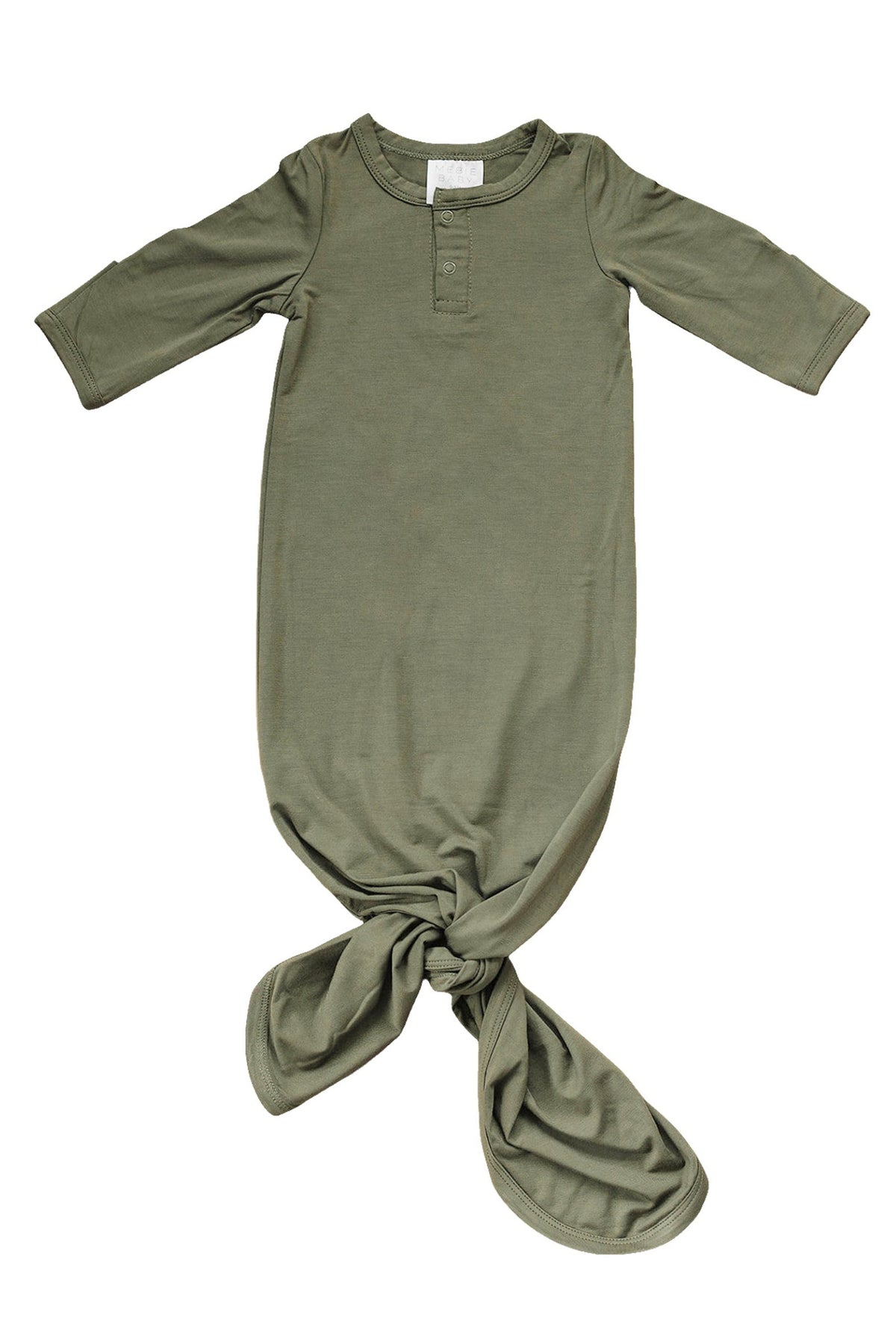Olive green baby knot gown with long sleeves and a simple buttoned neckline, made from soft bamboo fabric.
