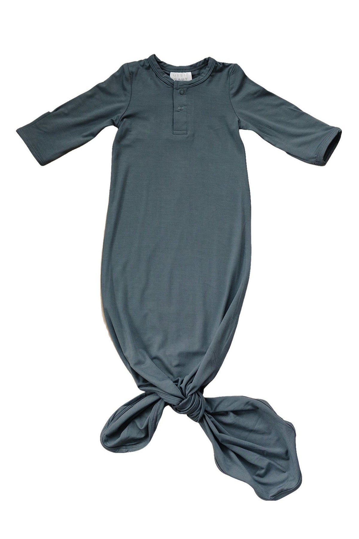 Charcoal baby knot gown made from soft bamboo fabric, featuring long sleeves and a convenient front knot.