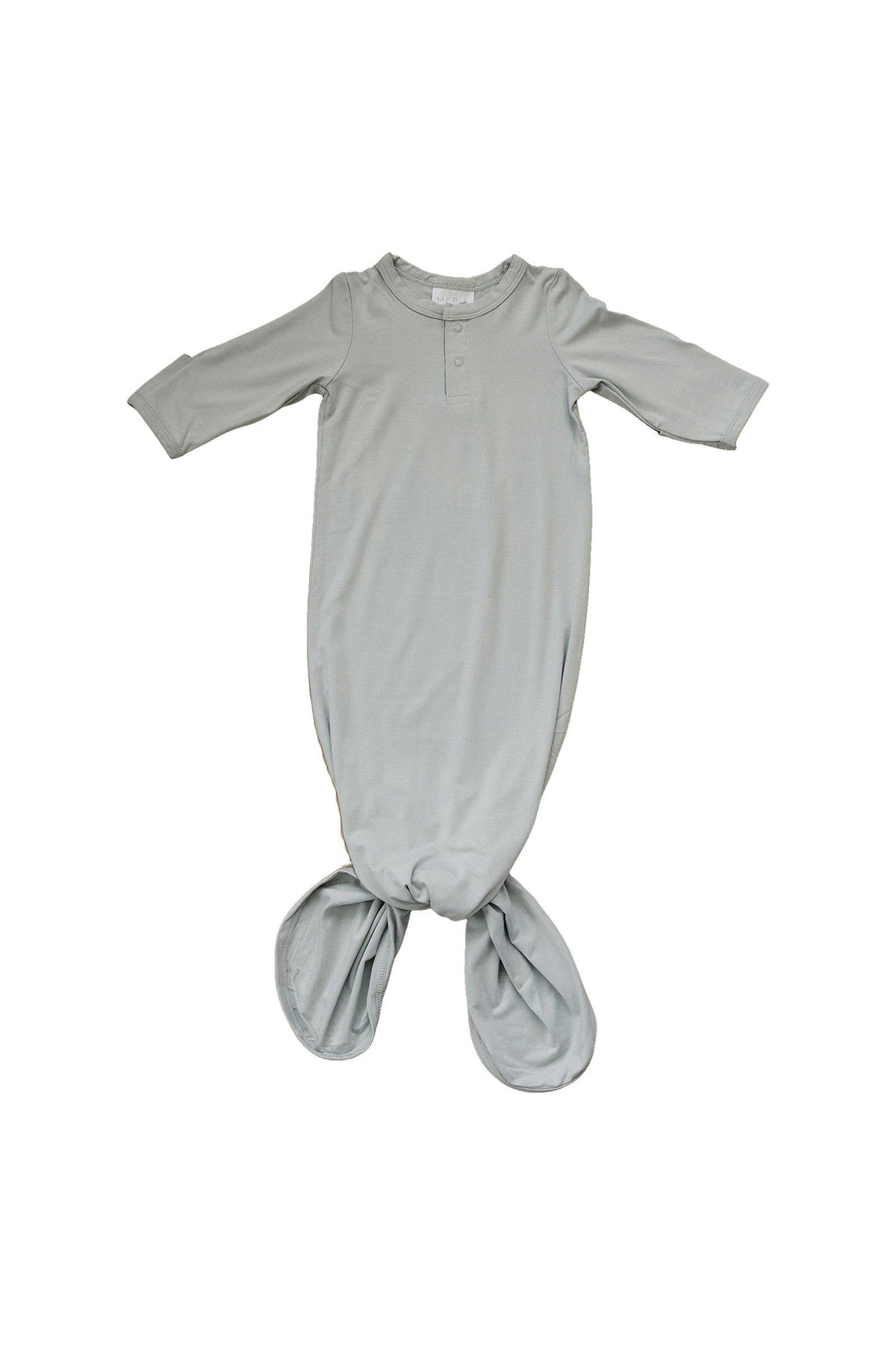 Gray baby knot gown made of soft bamboo fabric, featuring long sleeves and a tied bottom.