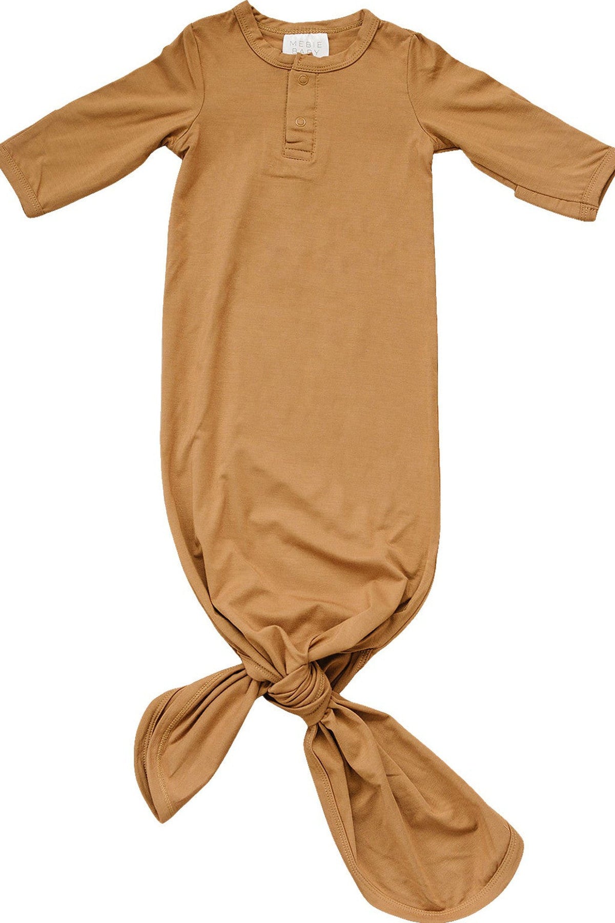 Mustard-colored baby knot gown made from soft bamboo fabric with long sleeves and a knotted bottom.